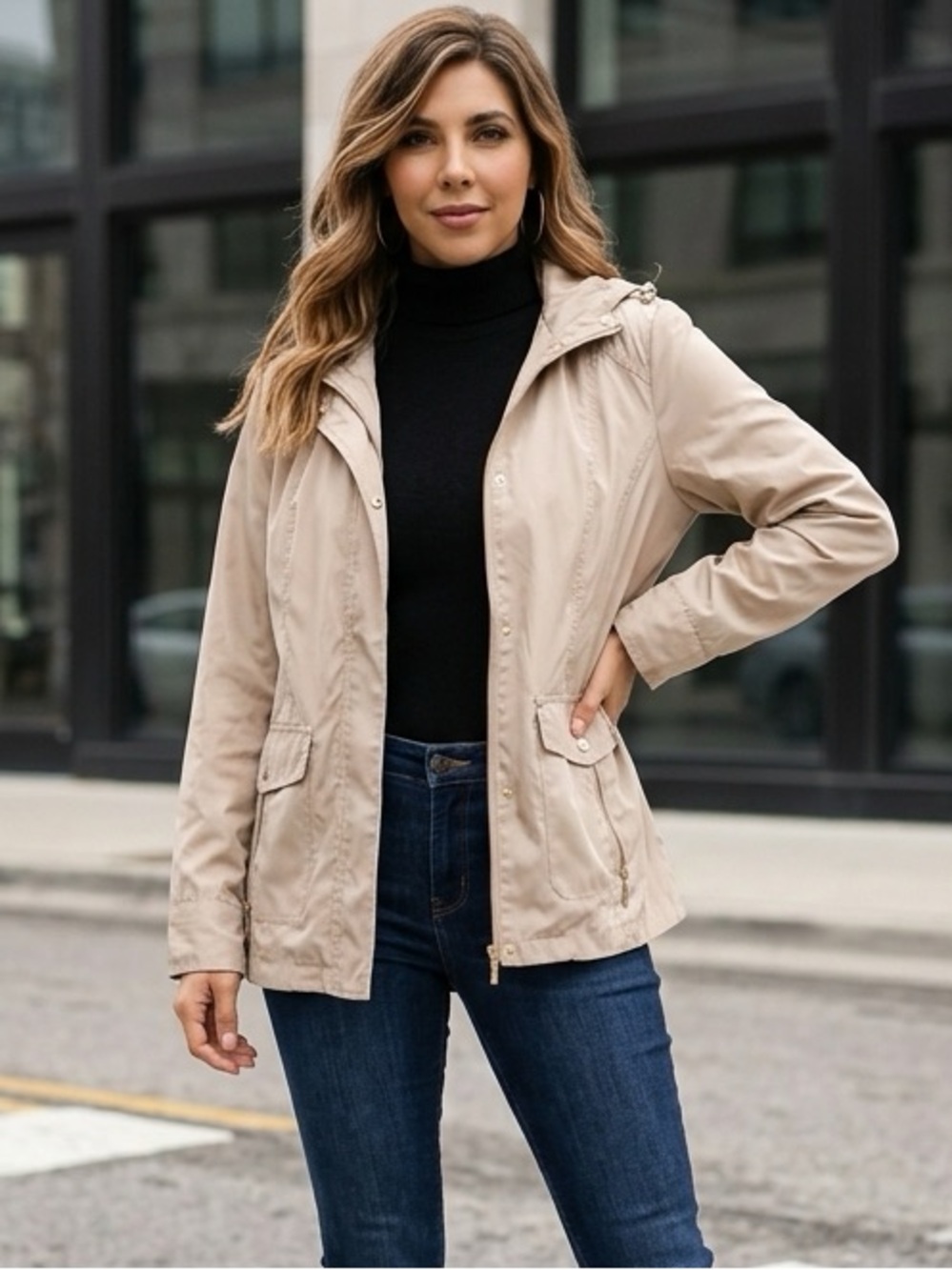 Weatherproof Beige Utility Jacket with Hood